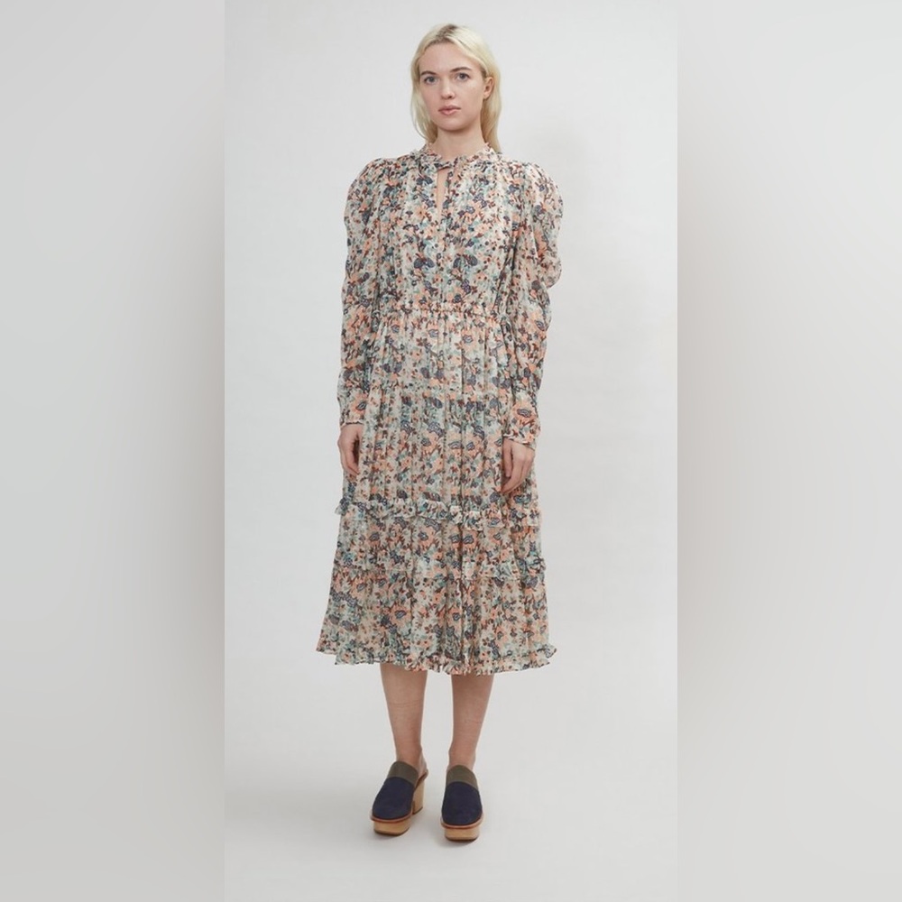 Ulla Johnson Beatrice Gardenia Silk Floral Long Sleeve Midi Dress Size 4